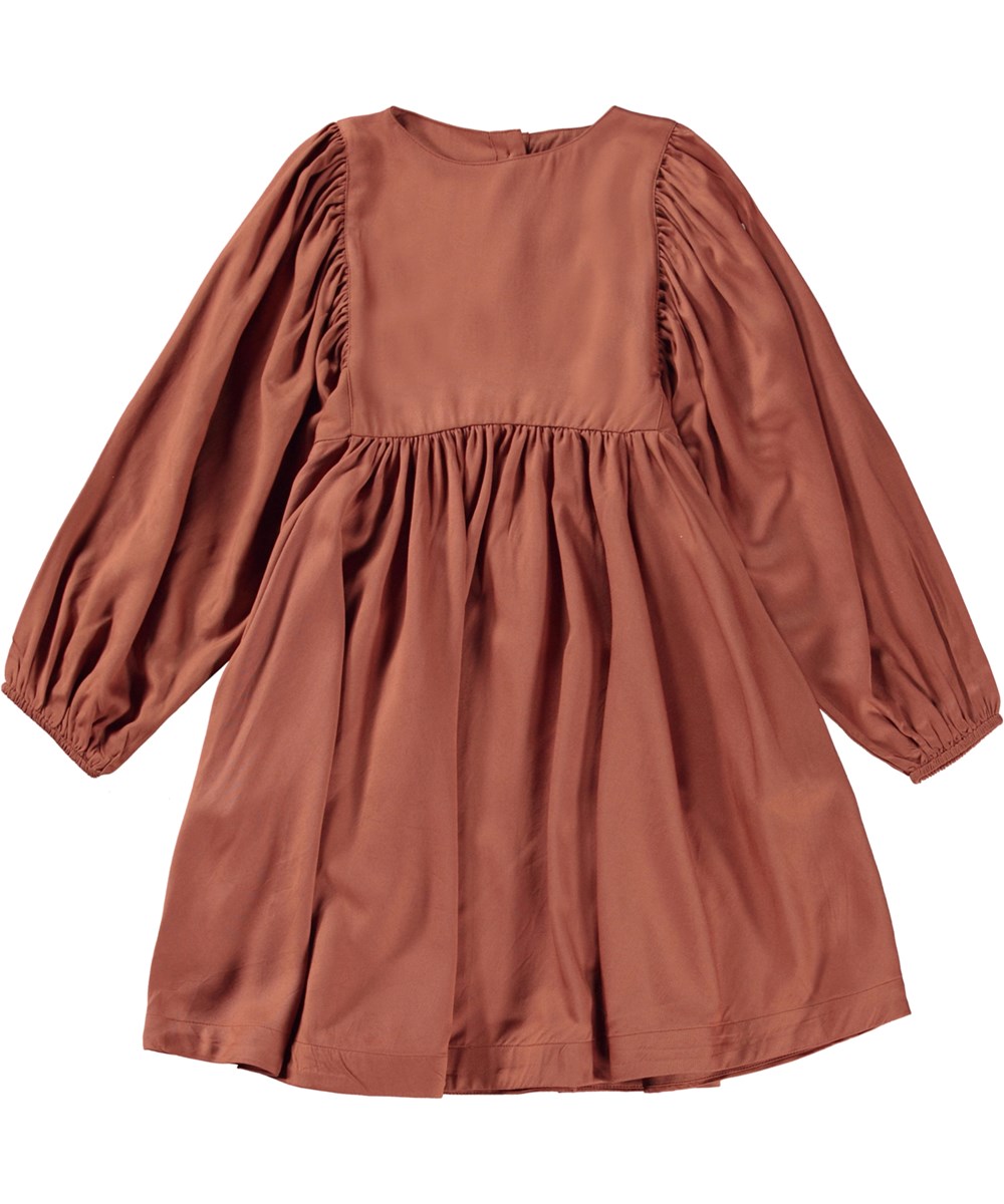 Caly - Terracotta - Roodbruine jurk met lange mouwen en zakken