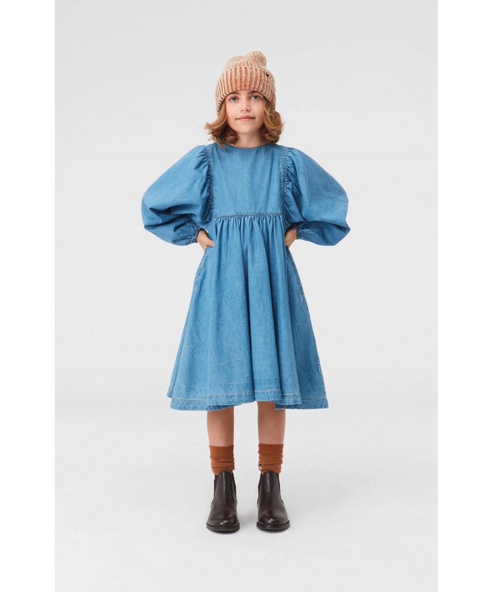 Caly - Washed Blue - Blauwe spijkerjurk met lange mouwen