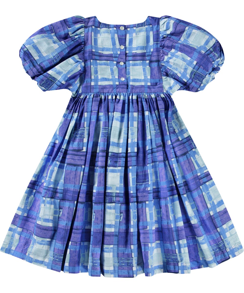 Calyita - Blue Checks - Geblokte kinderjurk in verschillende kleuren blauw van biologisch katoen met een ronde hals.