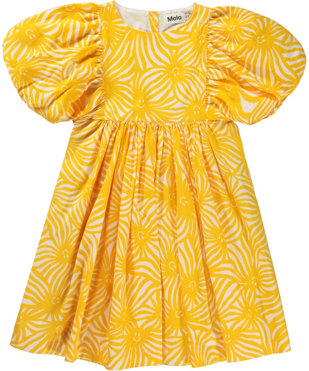 Calyita - Stay Sunny - Sunny gele biologische jurk met zonnestralen en pofmouwen