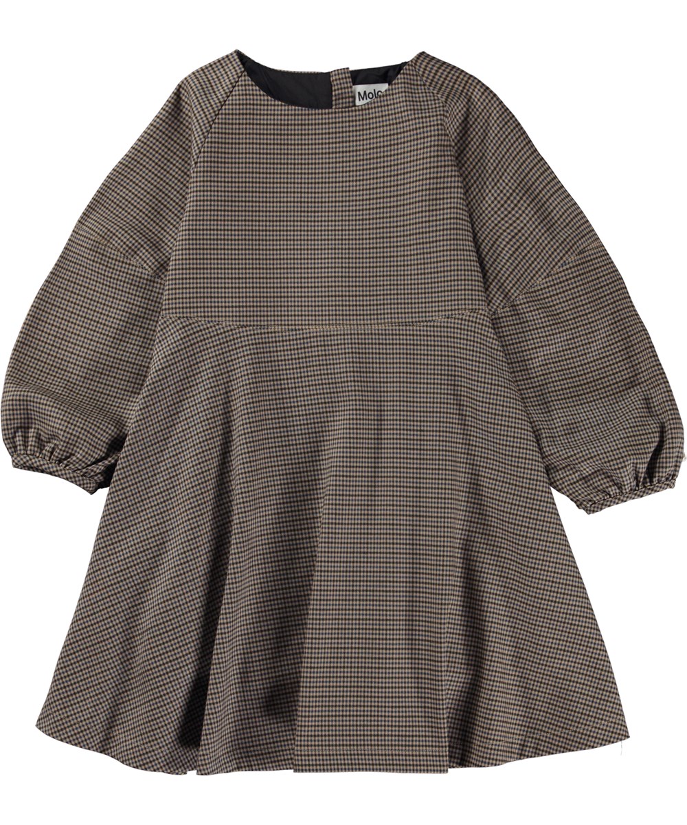 Cambell - Sand Blue Check - Bruine knielange geruite jurk