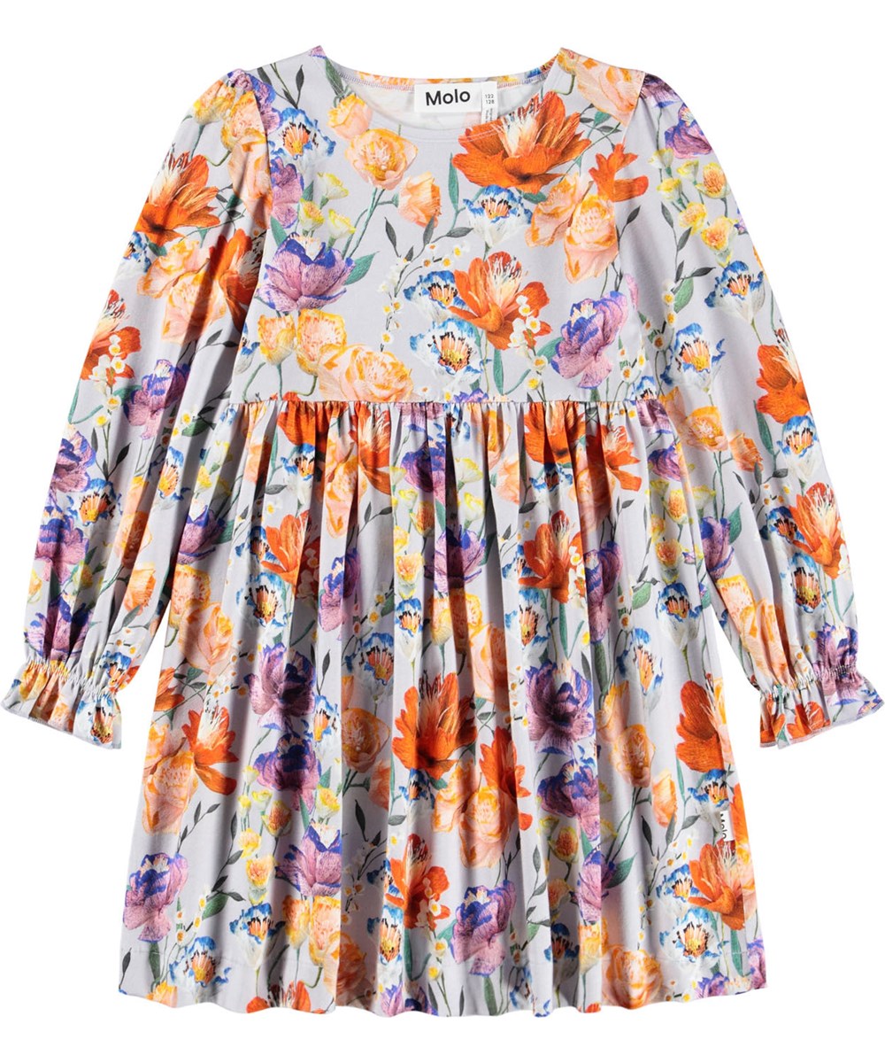 Camie - Paper Flowers - Lichtpaarse jersey kinderjurk gemaakt van biologisch katoen met een print van kleurrijke bloemen.