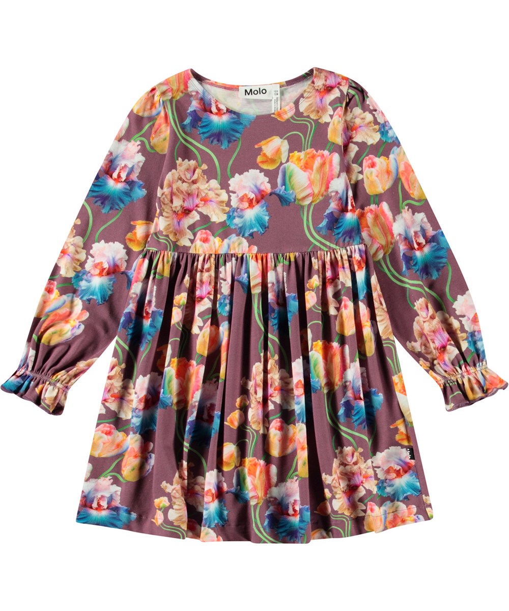 Camie - Rainbow Tulips - Paarse knielange kinderjurk van zacht biologisch katoenen jersy met een ronde hals en lange mouwen met ruches.