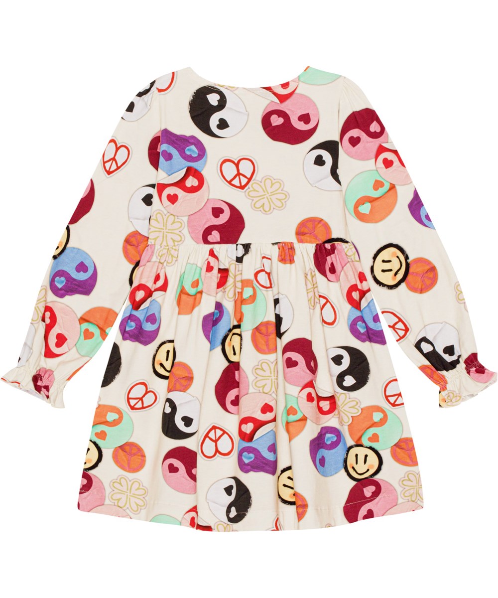 Camie - Yin Yang - Gebroke witte jurk van biologisch katoen met een print van Yin Yang symbolen