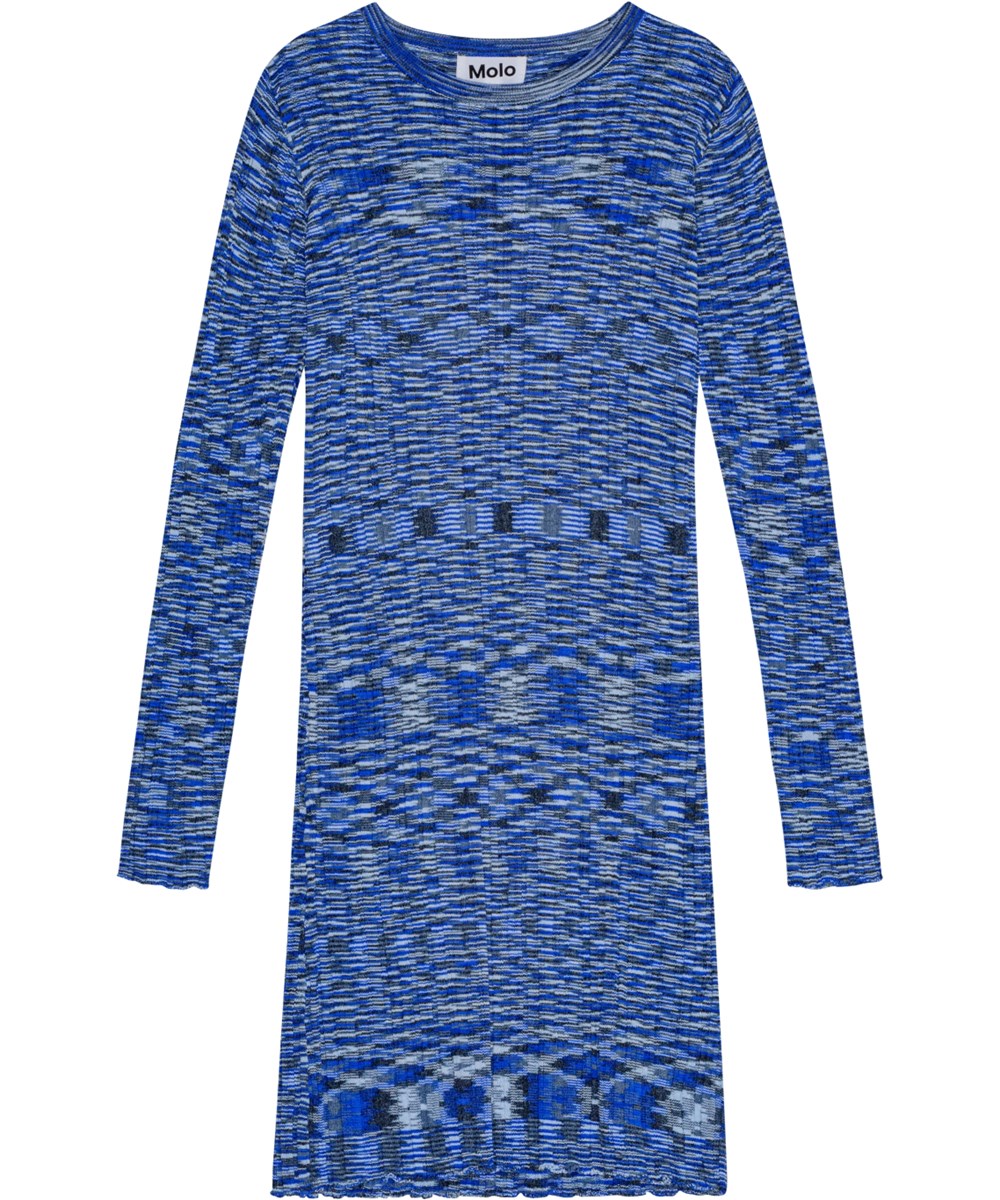 Camille - Blue Mouliné - Aansluitende, rekbare midi-jurk met lange mouwen.