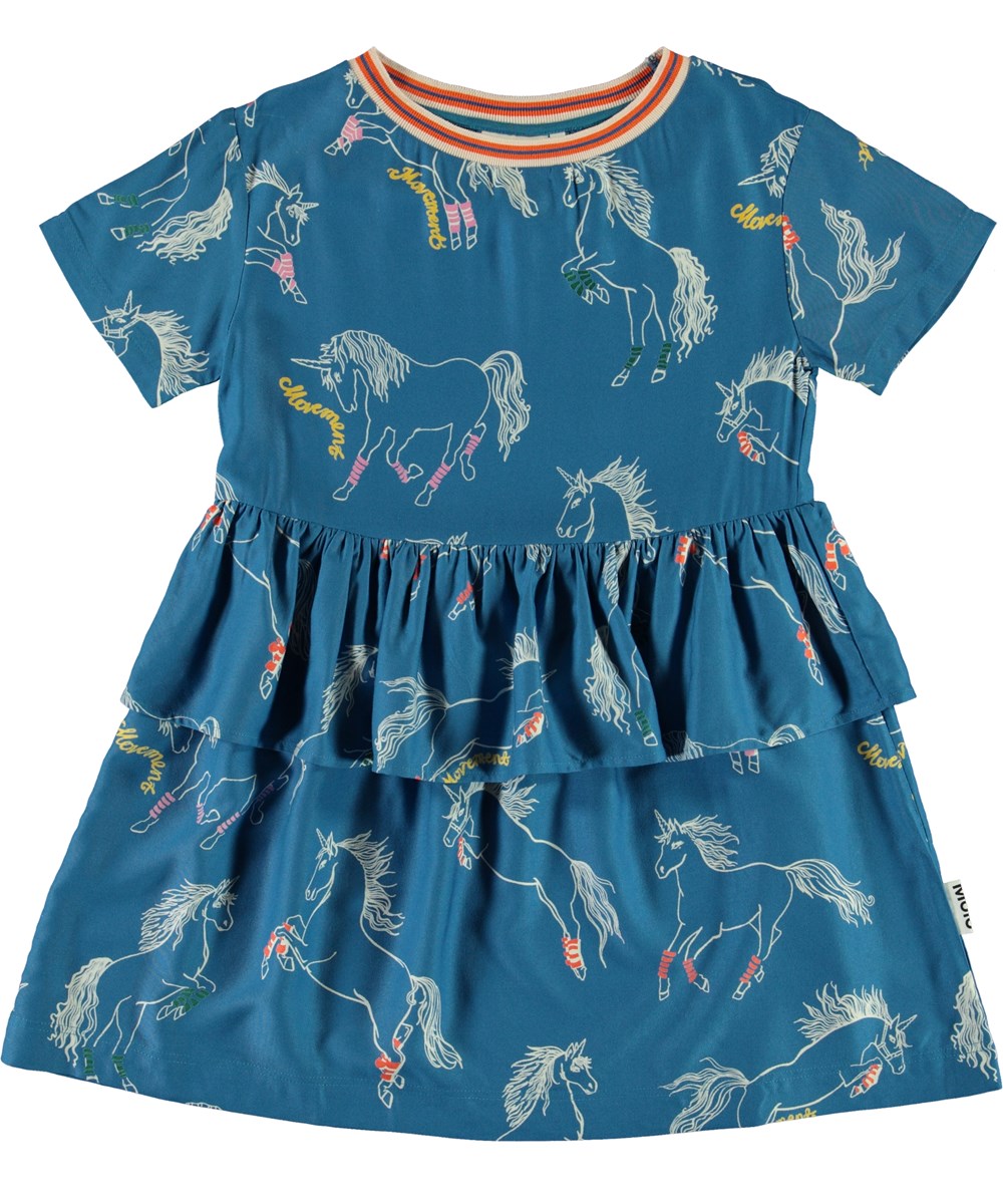Cammy - Sporty Unicorns - Blauwe jurk met print van een eenhoorn