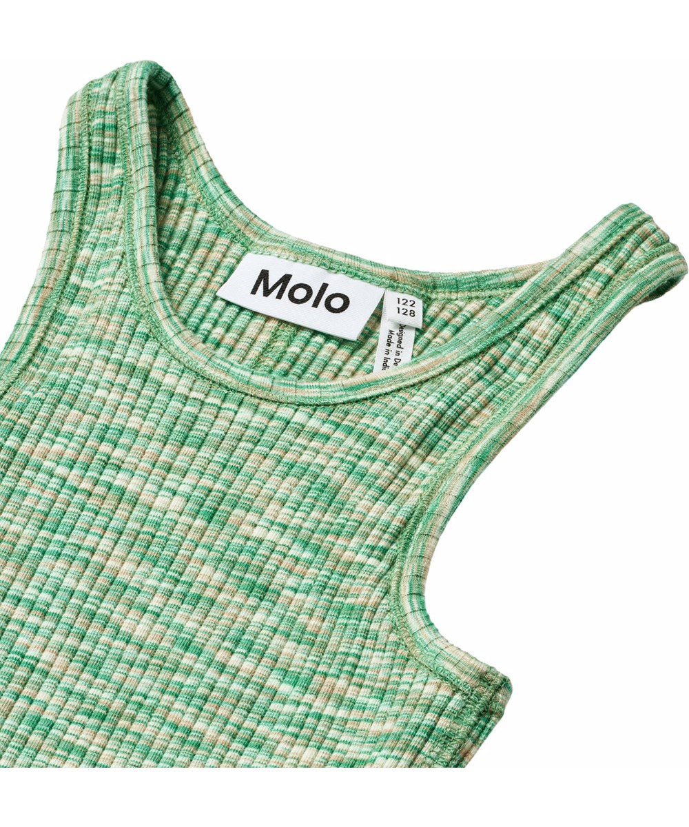 Canna - Green Mouliné - Groene knielange t-shirt kinderjurk van rekbaar biologisch ribkatoen met brede schouderbandjes en ronde hals.