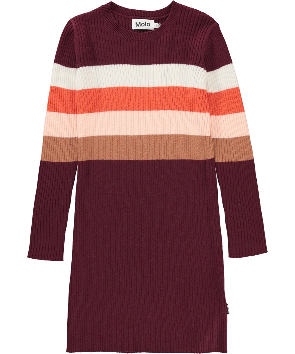 Cara - Wool Stripe - Bordeauxrode gebreide jurk met strepen