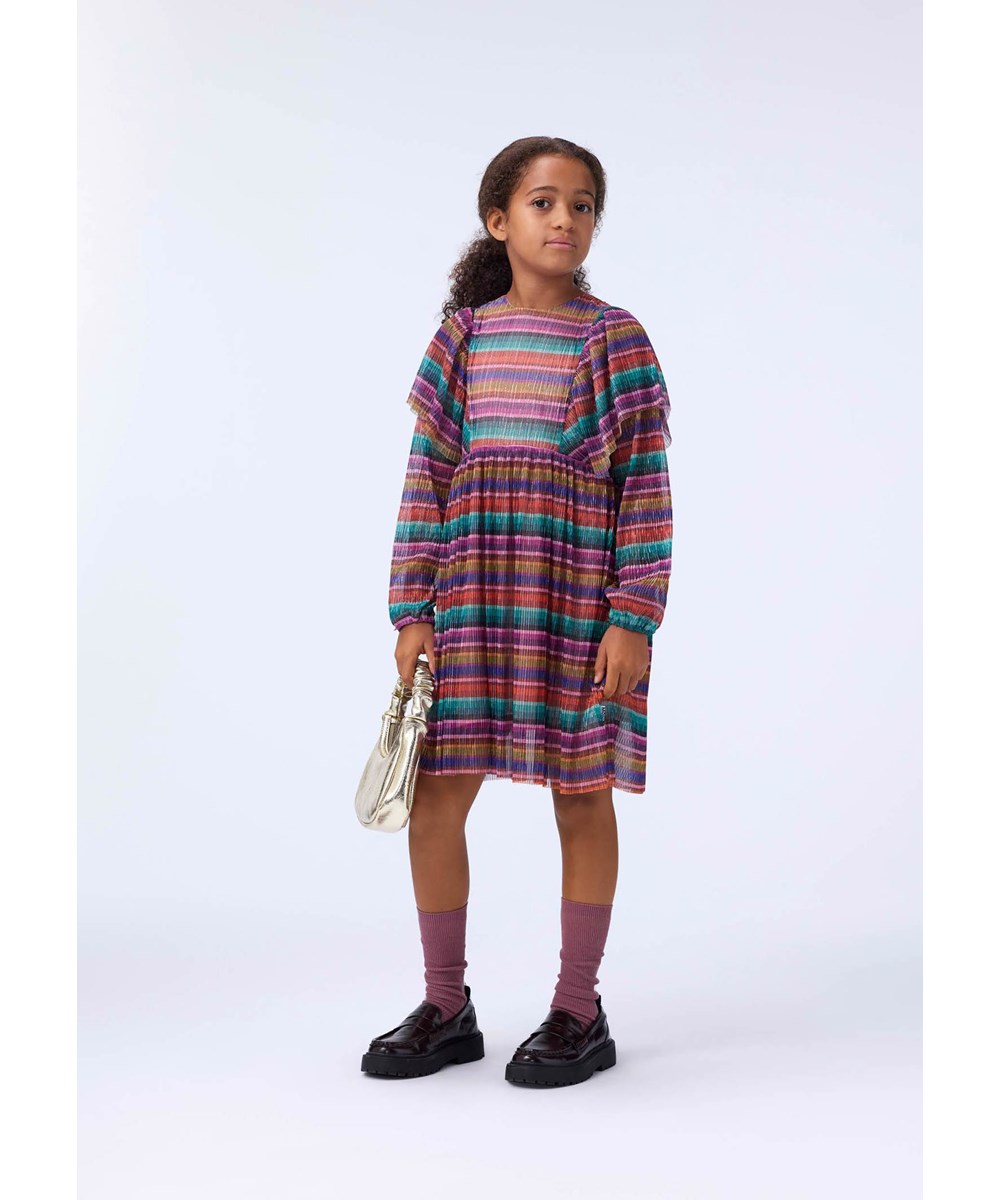 Carina - Jewellery Stripe - Kleurrijke geplooide kinderjurk met glitter.