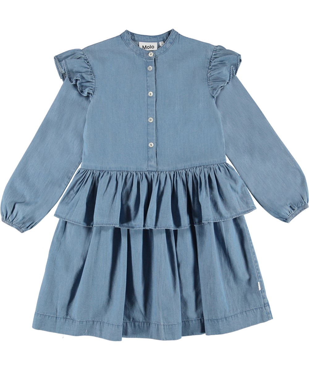 Carisma - Washed Chambrey - Blauwe spijkerjurk met peplum en ruches