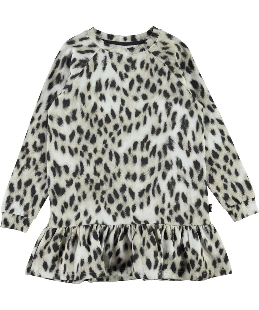 Carlotta - Snowy Leo Fur - Biologische sweatshirt jurk met witte luipaard motief