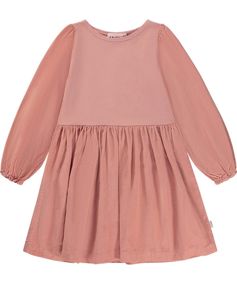 Caro - Muted Rose - Roze knielange biologische jurk met mouwen en rok inmijn corduroy