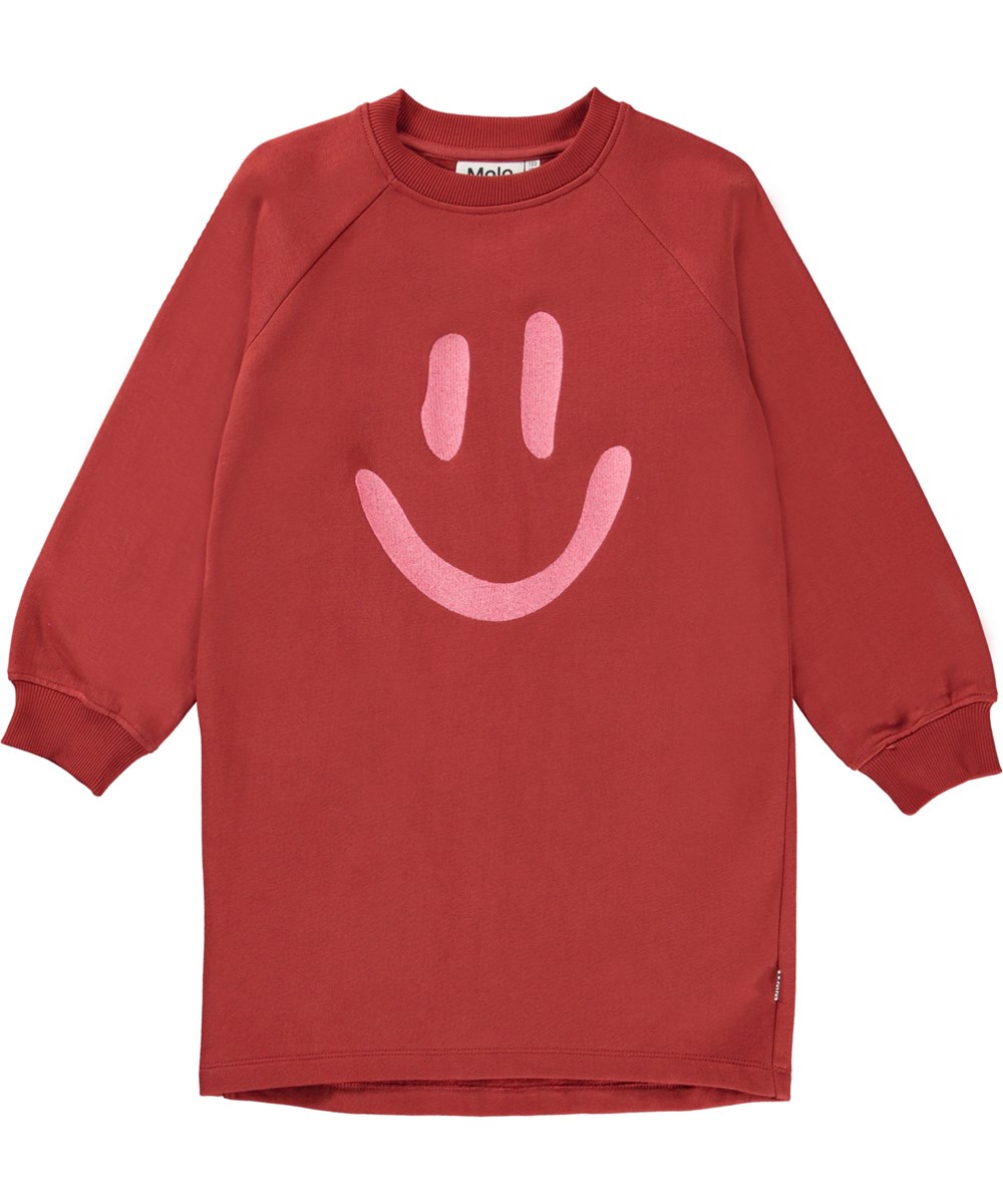 Carola - Red Ochre - Rode biologische sweaterjurk met smiley print