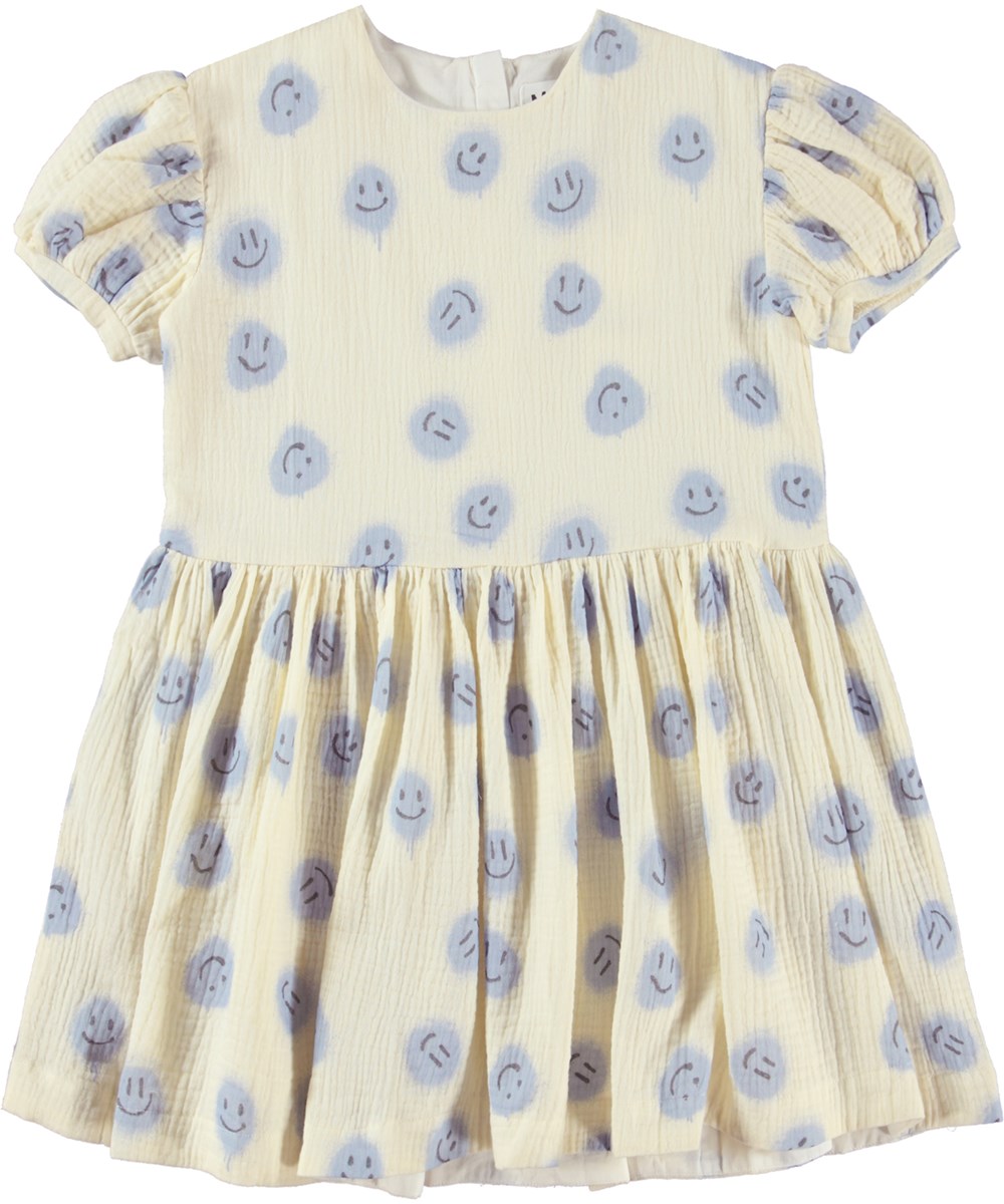 Cascadia - Crisp Smiles - Lichtgekleurde jurk met pofmouwen en smiley print