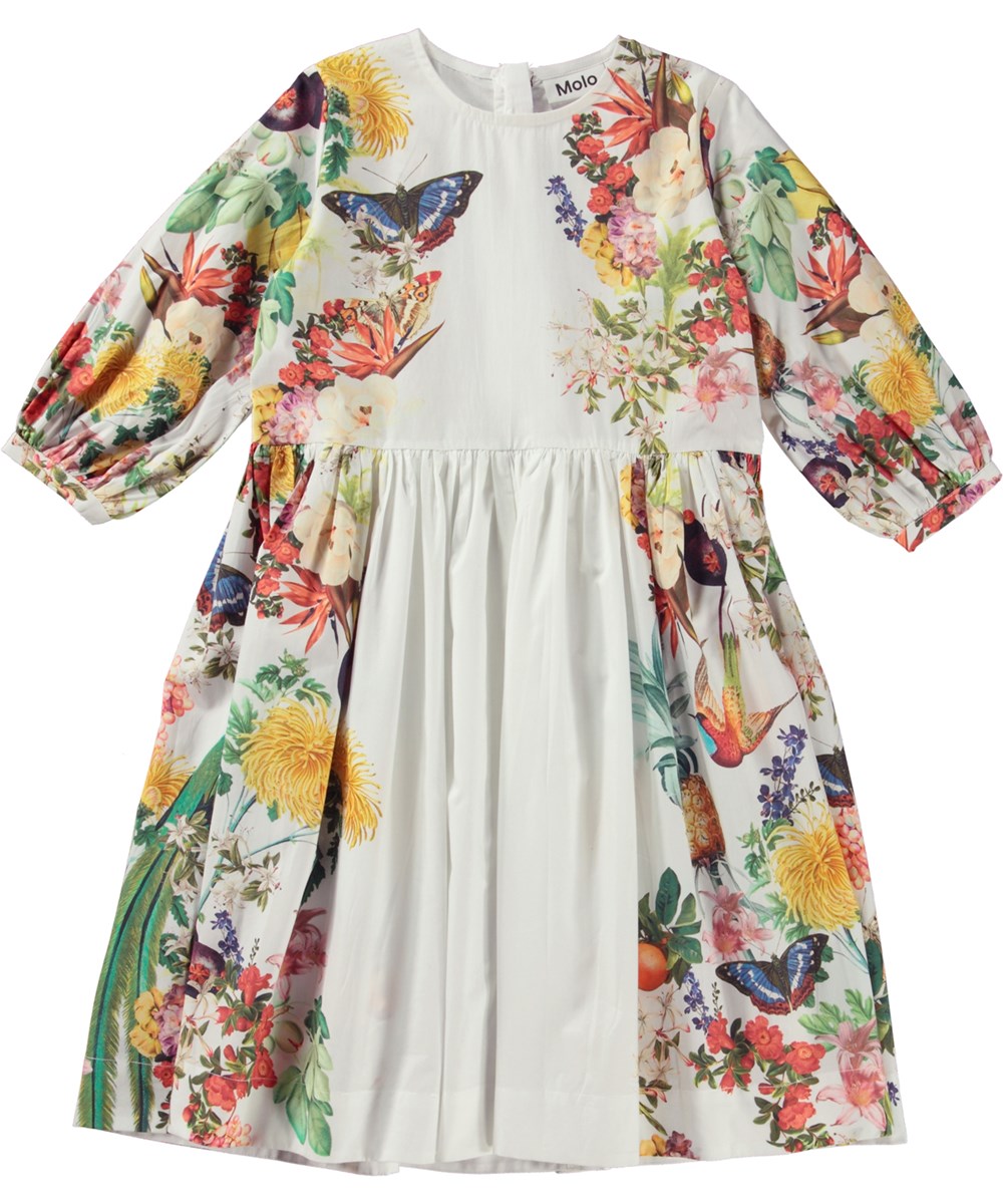 Casey - Tropical - Witte biologische knielange jurk met tropische print