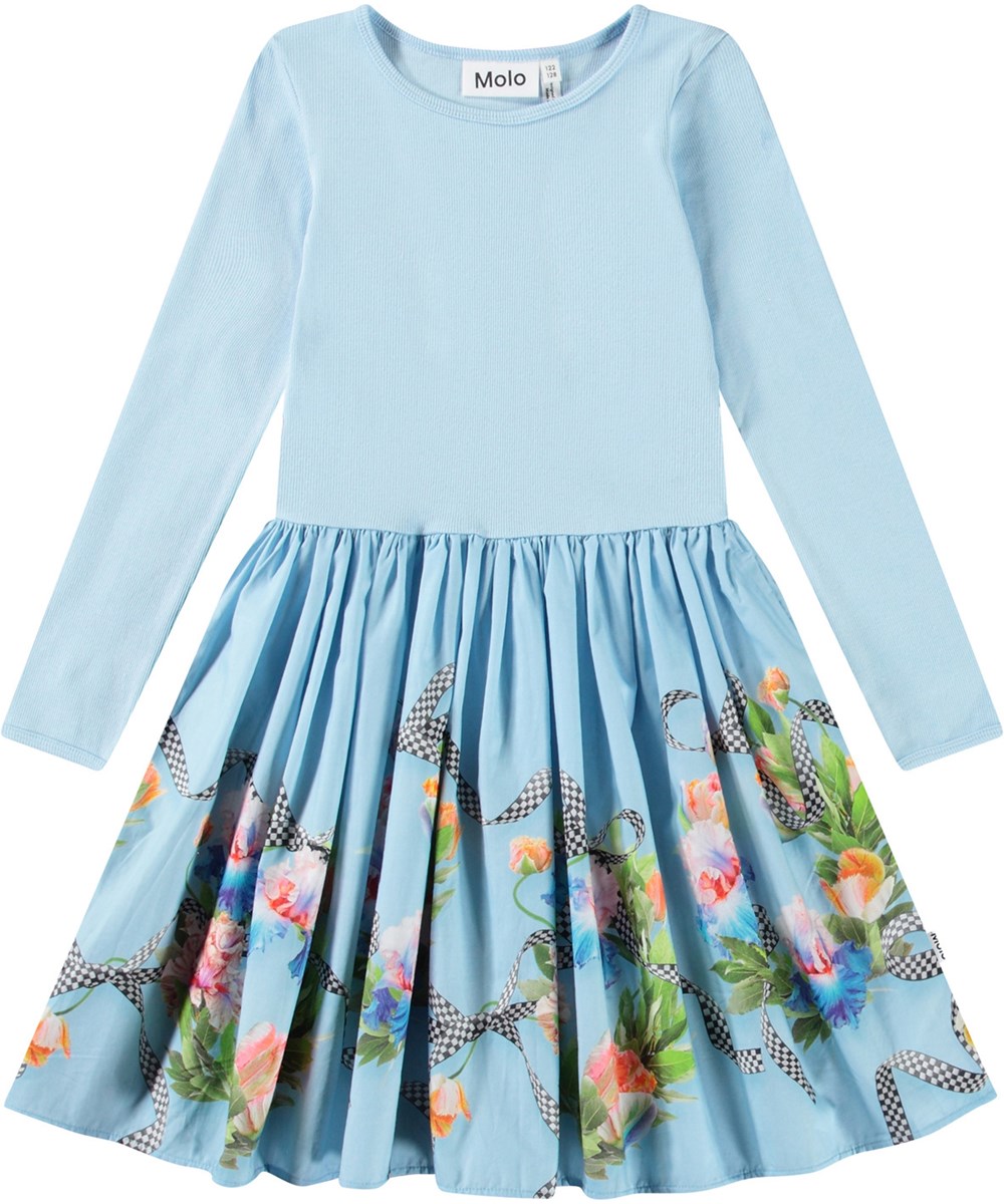 Casie - Celebration - Lichtblauwe kinderjurk van biologisch katoen met lange mouwen en aansluitende ribjersey top en poplin rok.