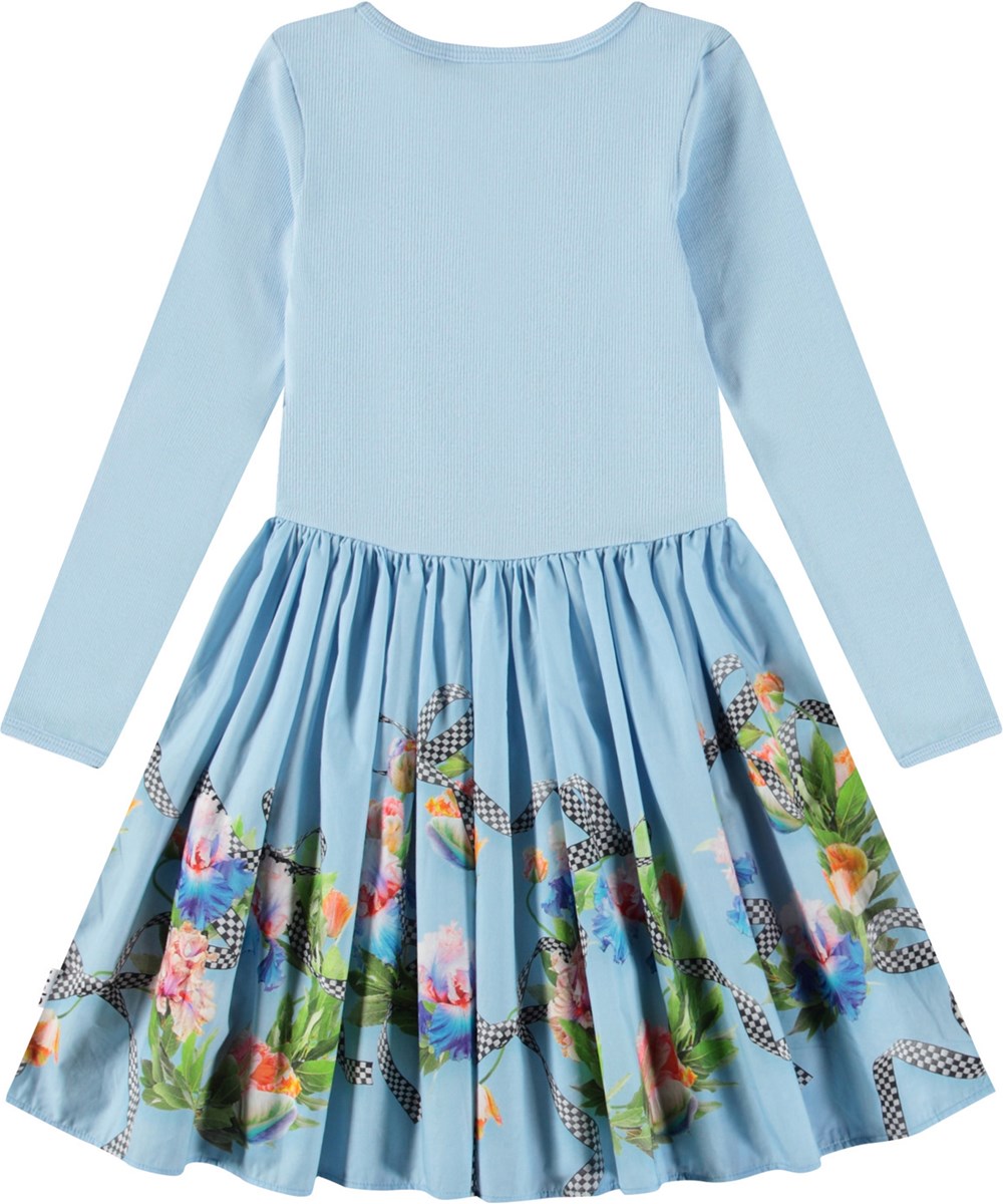 Casie - Celebration - Lichtblauwe kinderjurk van biologisch katoen met lange mouwen en aansluitende ribjersey top en poplin rok.