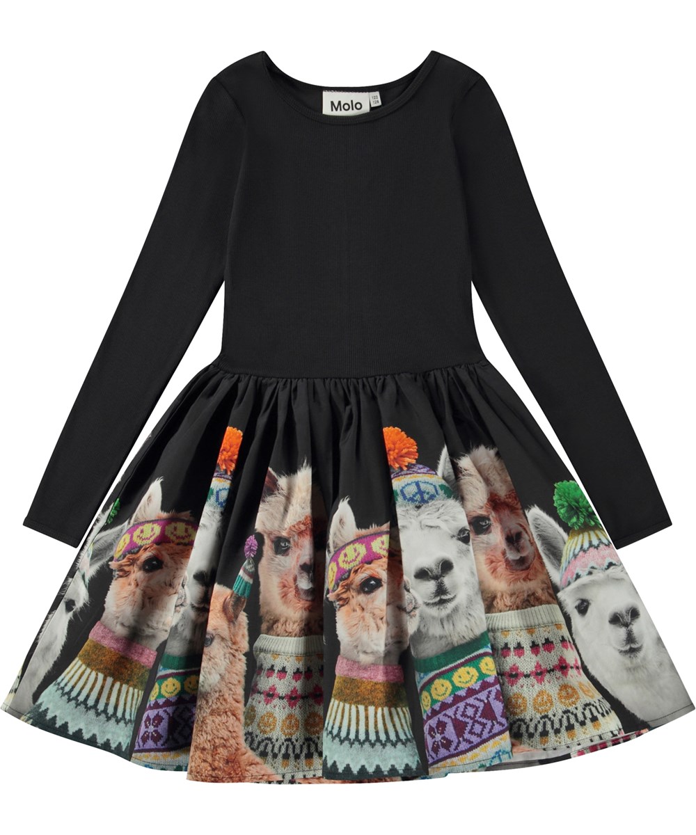 Casie - Family Photo - Zwarte knielange biologische jurk met polen rok met print