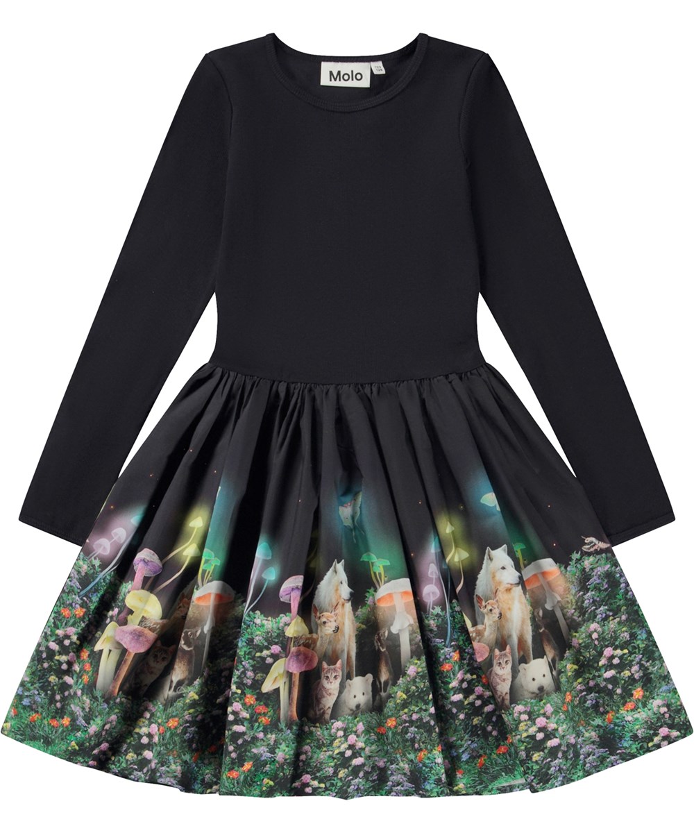 Casie - Firefly Magic - Zwarte knielange biologische jurk met polen rok met print