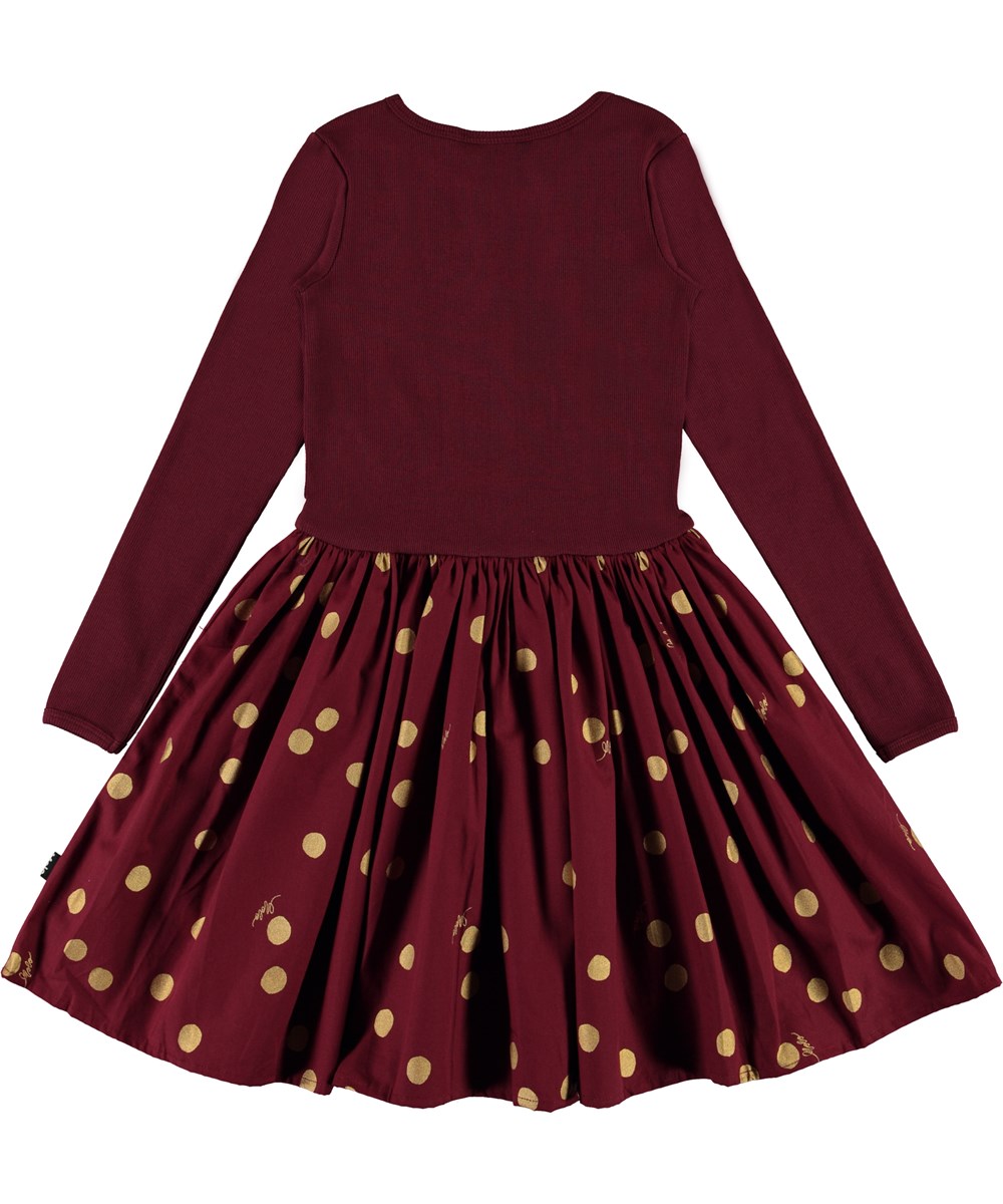 Casie - Gold Dots - Donkerrode biologische jurk met gele stippen