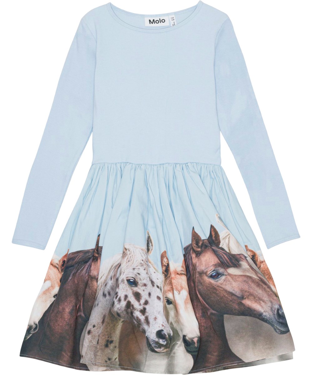 Casie - Group Of Hearts - Lichtblauwe jurk van biologisch katoen met paardenprint