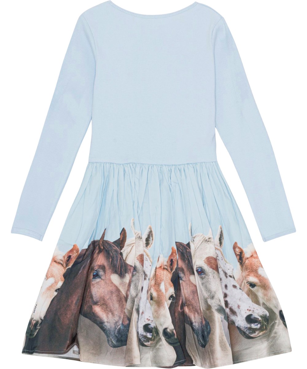 Casie - Group Of Hearts - Lichtblauwe jurk van biologisch katoen met paardenprint