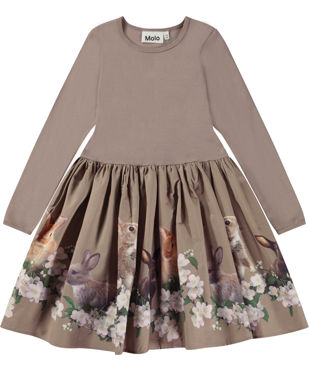 Casie - Jasmine Bunnies - Grijsbruine knielange biologische jurk met polen rok met print