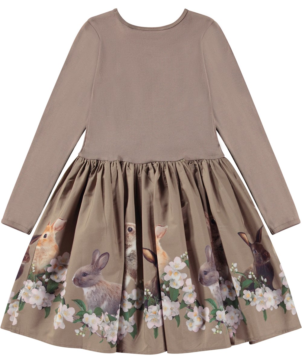 Casie - Jasmine Bunnies - Grijsbruine knielange biologische jurk met polen rok met print