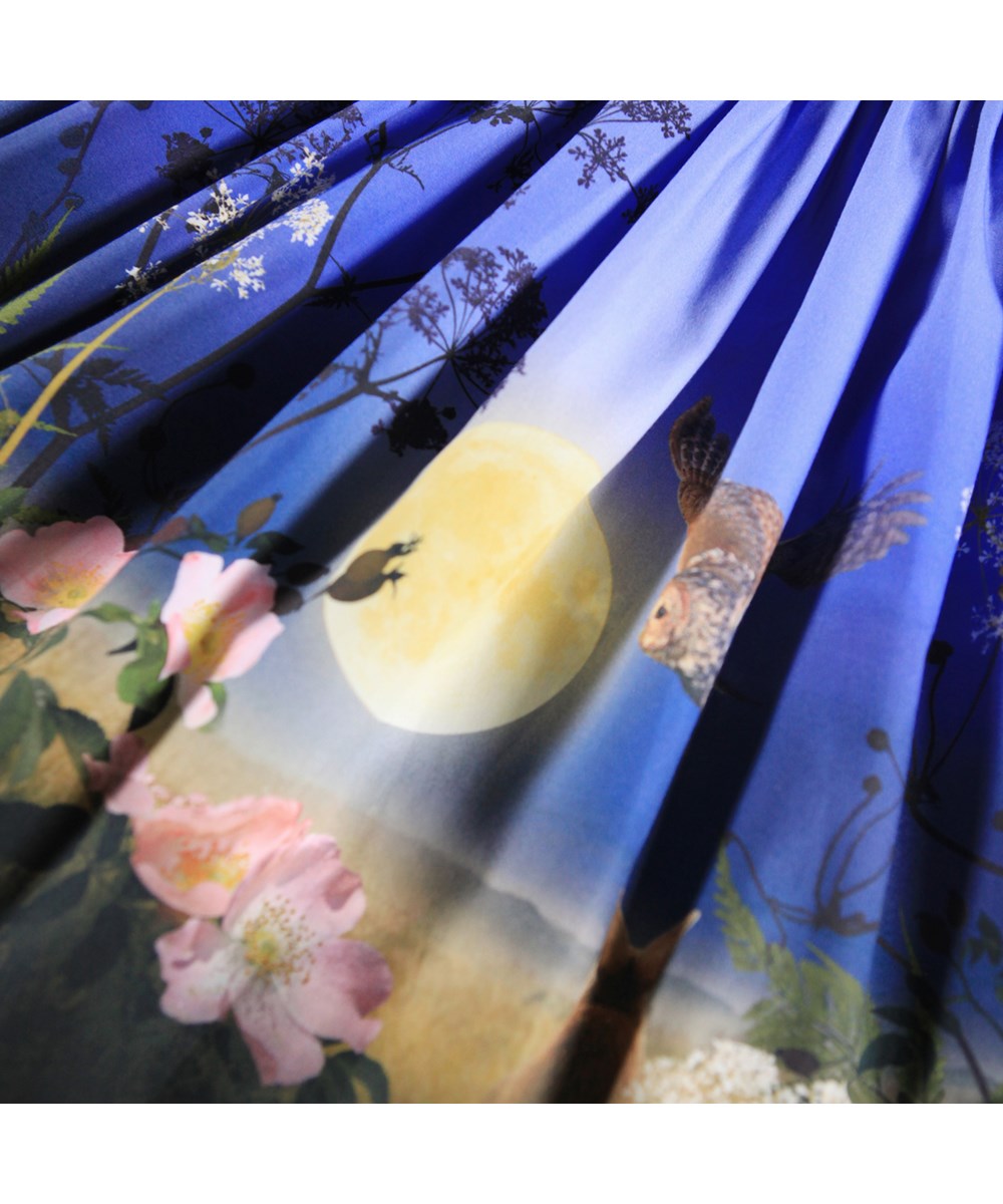 Casie - Moonrise - Lange blauwe kinderjurk gemaakt van biologisch katoen met lange mouwen, een popeline rok en een natuurprint.