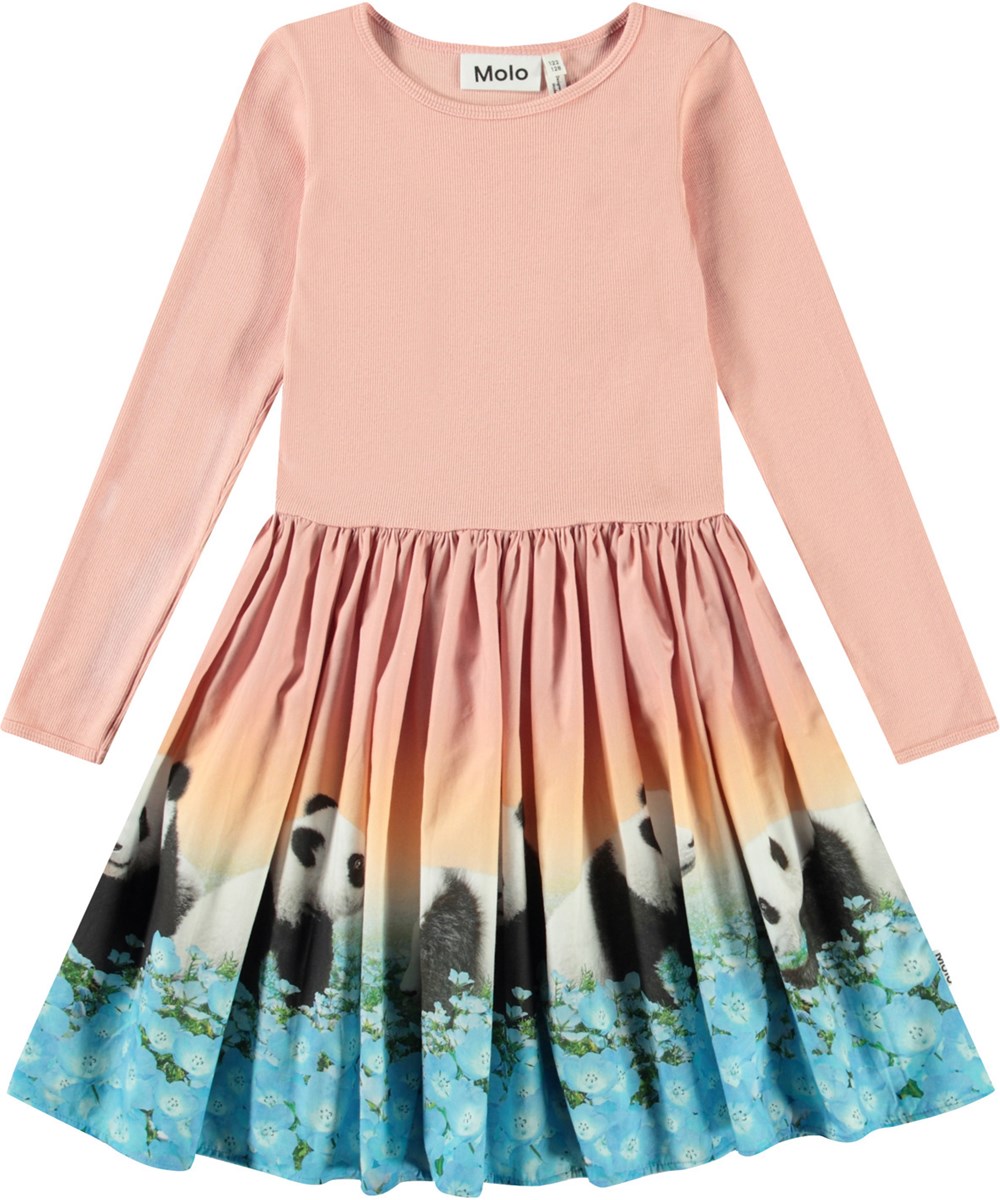 Casie - Pandamazing - Roze kinderjurk van biologisch katoen met lange mouwen en aansluitende ribjersey top en poplin rok.