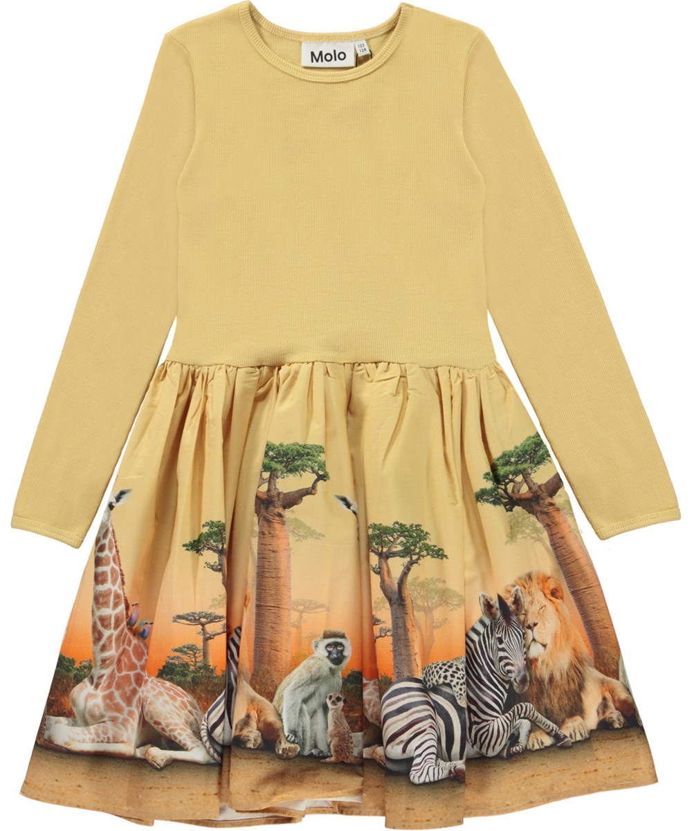 Casie - Savannah Life - Gele jurk in biologische katoen met Savanne print