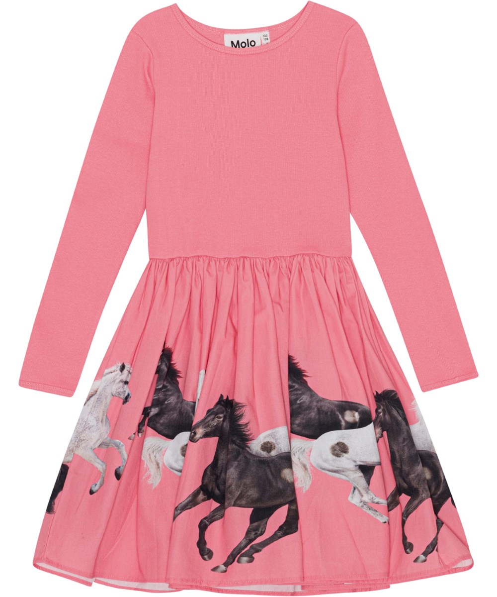 Casie - Wild Yin Yang - Roze jurk van biologisch katoen met paardenprint