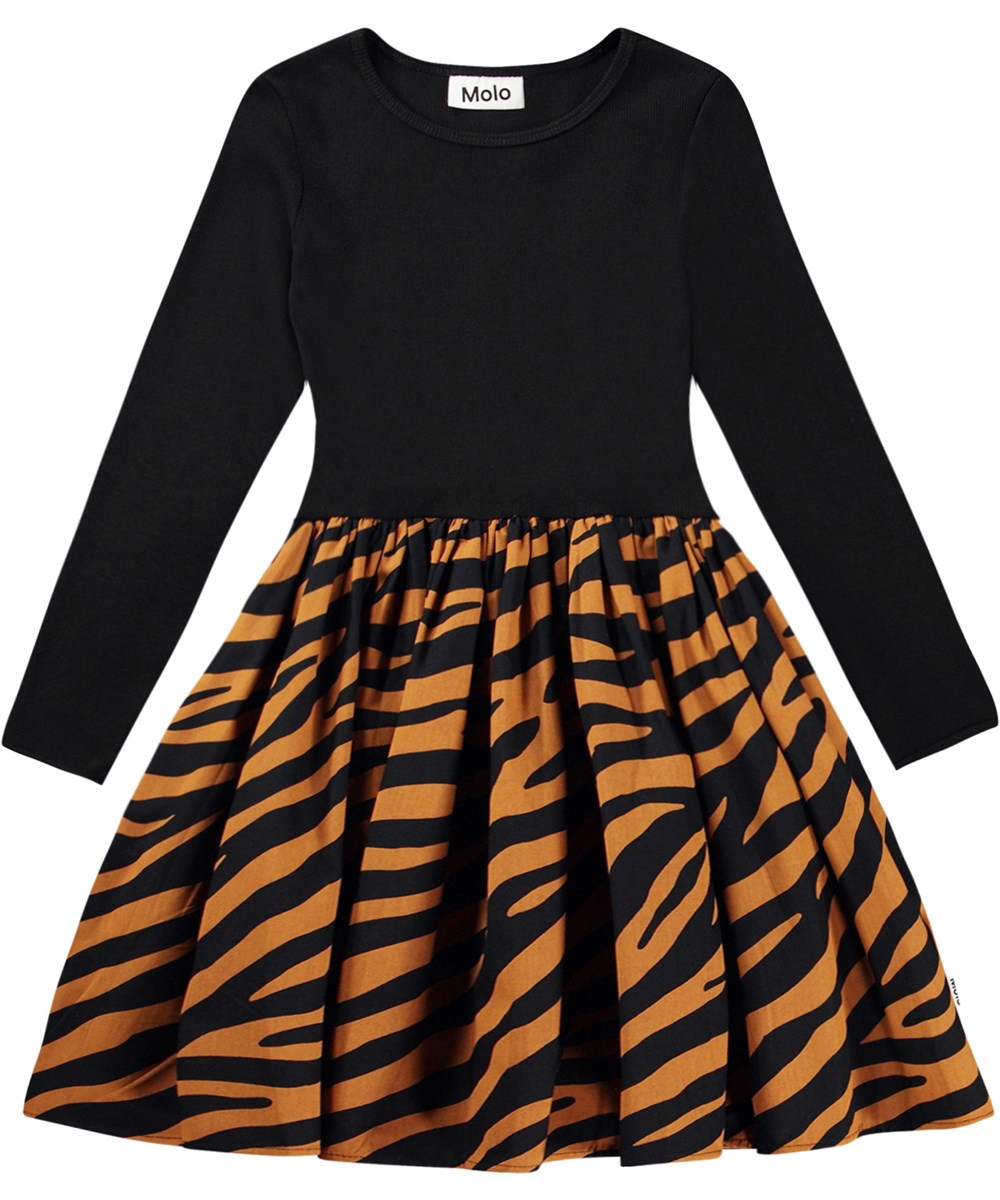 Casie - Zebra Denim - Zwarte biologische katoenen jurk met een cirkelvormige rok in zebrastrepen.