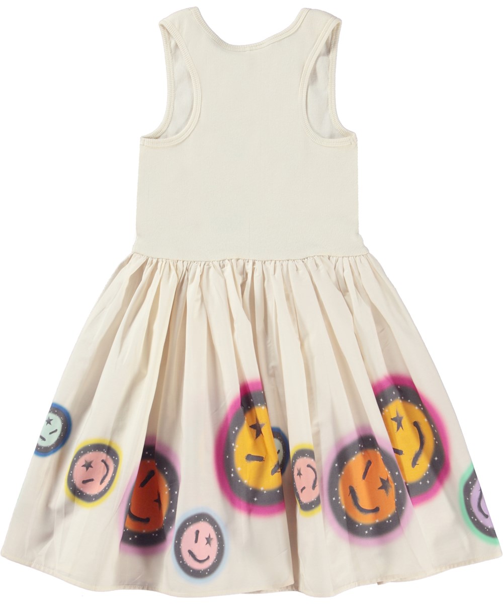 Cassandra - Space Rainbow - Gebroken witte biologische jurk met poplin rok met smileys