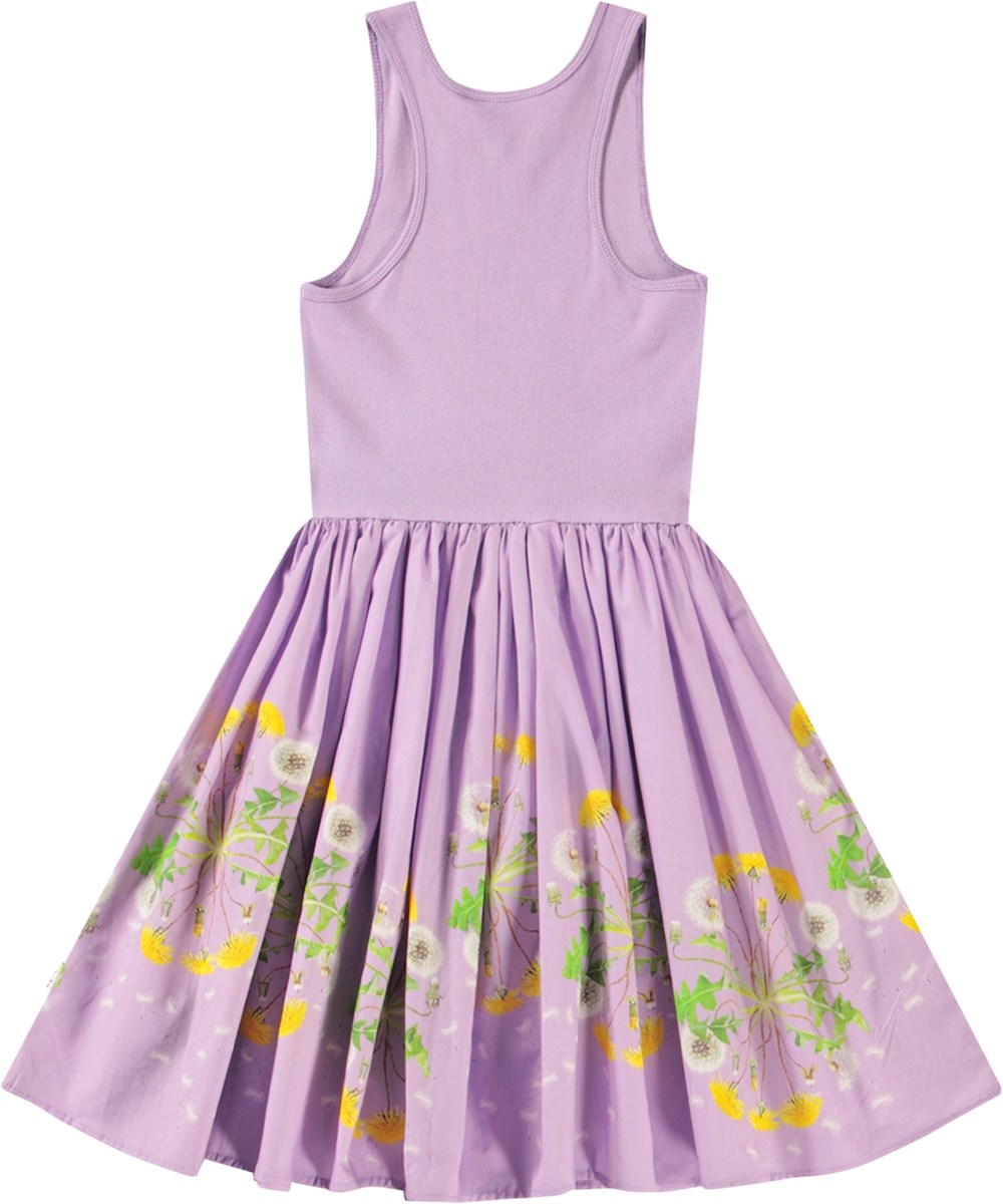 Cassandra - Wild Dandelion - Paarse kinderjurk van biologisch katoen met een aansluitende top van ribjersey en een poplin rok.