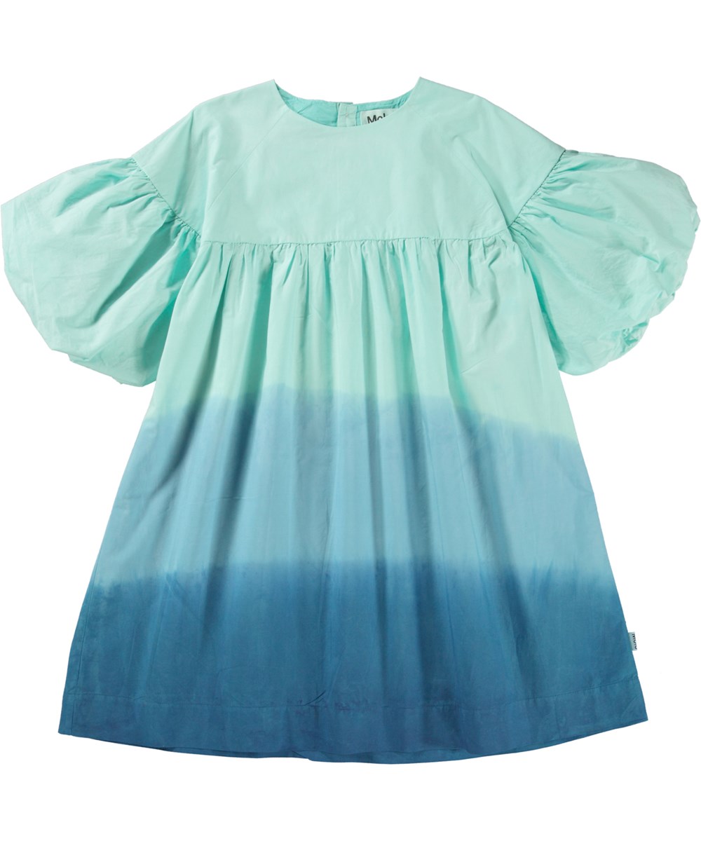 Catherine - Blue Dip Dye - Biologische jurk op knie lengte in blauwe dip dye met pofmouwen