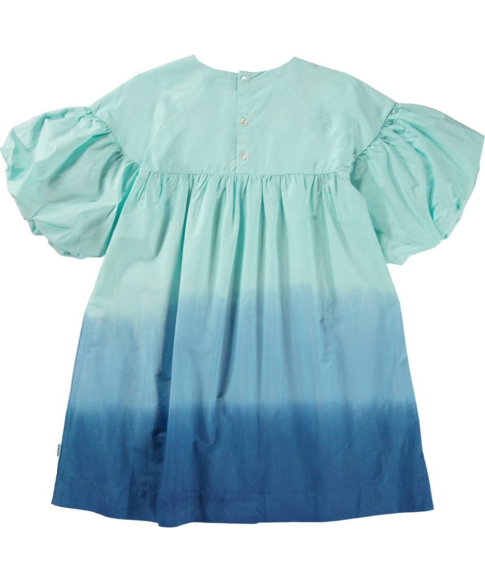 Catherine - Blue Dip Dye - Biologische jurk op knie lengte in blauwe dip dye met pofmouwen