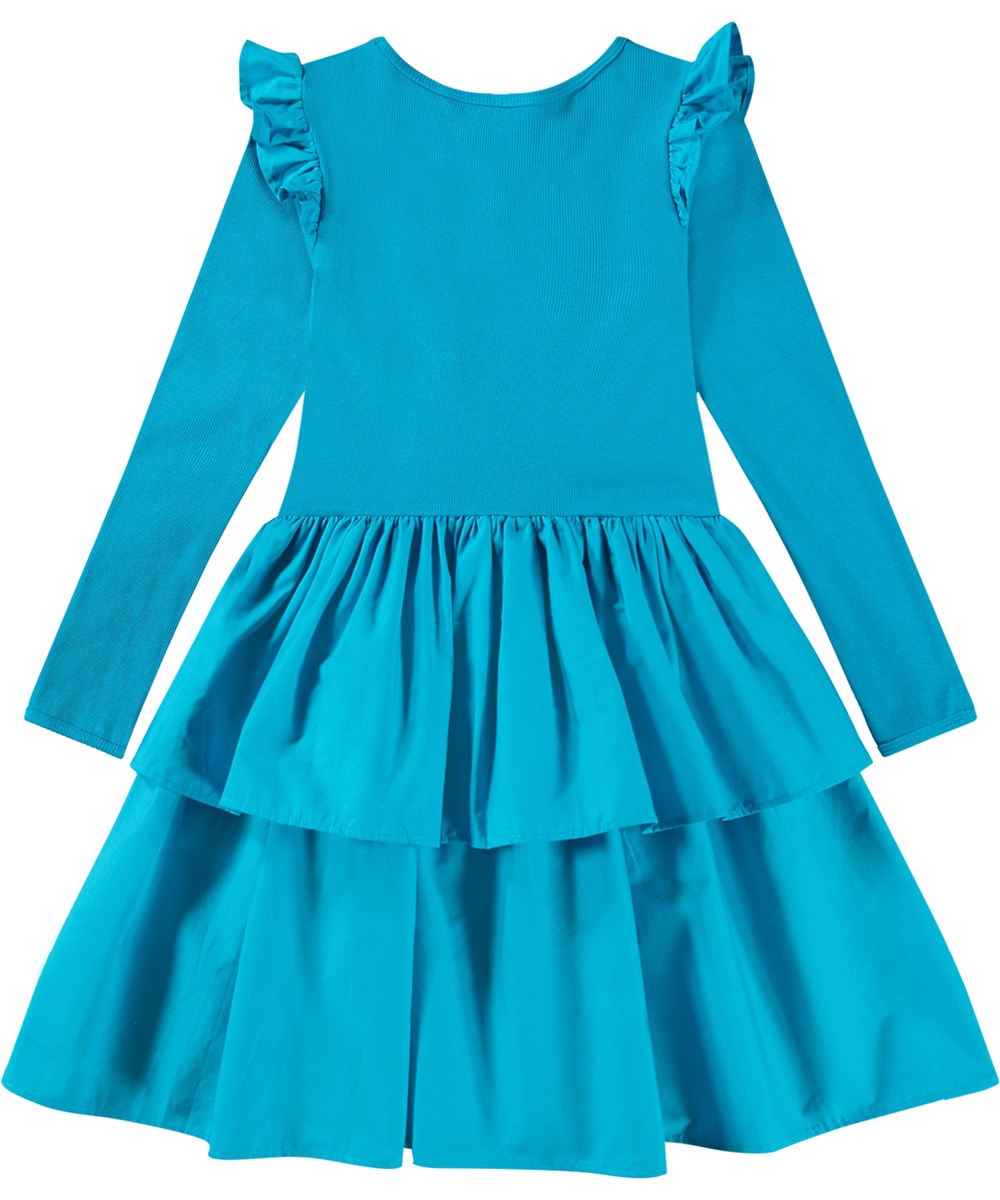 Cathi - Peacock Blue - Turquoise biologisch katoenen jurk met geribbelde jersey top en ruches op de schouders.