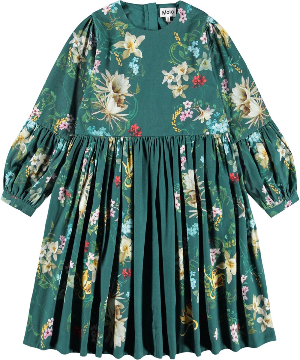 Cece - Cosmic Paisley - Lange groene jurk gemaakt van biologisch katoenen popeline met een bloemenprint.