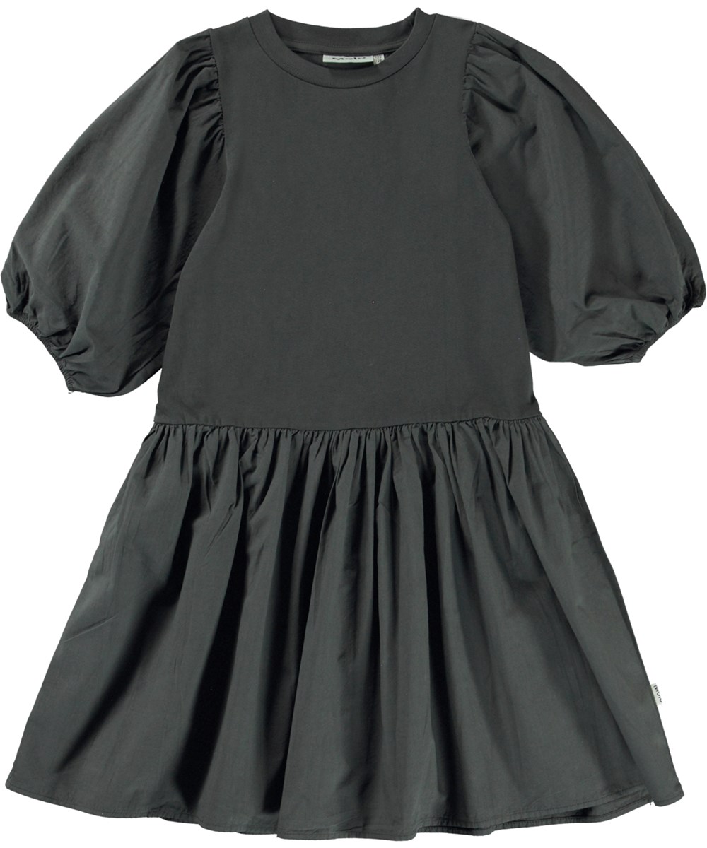 Cece - Space Grey - Donkergrijze jurk met pofmouwen
