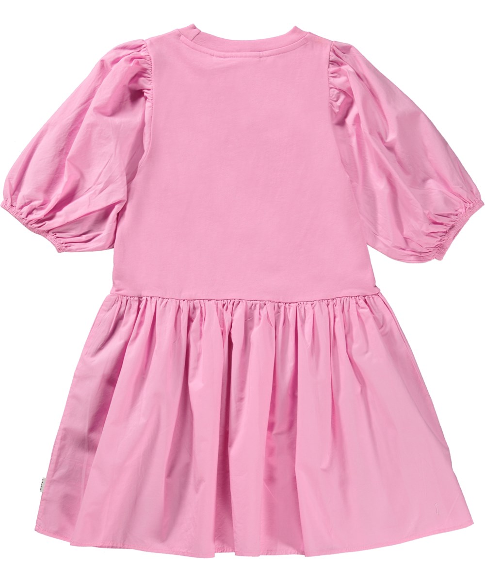 Cece - Sunset Pink - Roze jurk in biologische katoen met pofmouwen