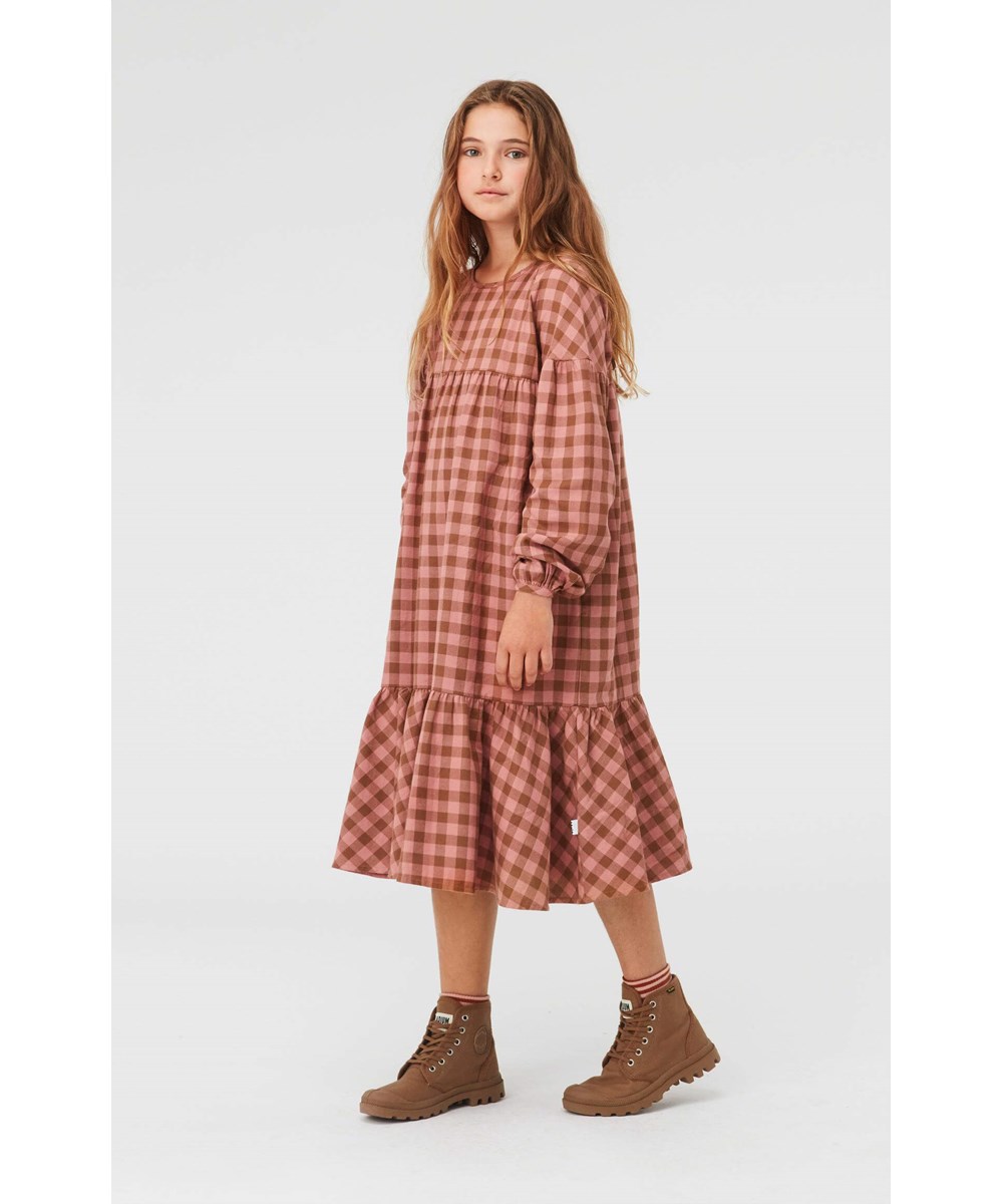 Cecily - Autumn Check - Bruin en roze geblokte jurk