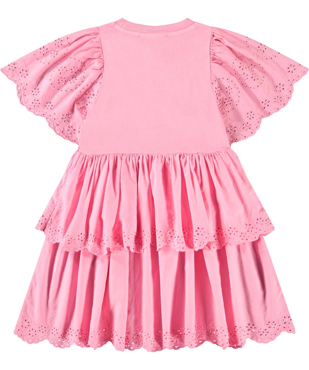 Ceelia - Pink Lemonade - Roze knielange kinderjurk van biologisch katoen met een ronde ribboord hals