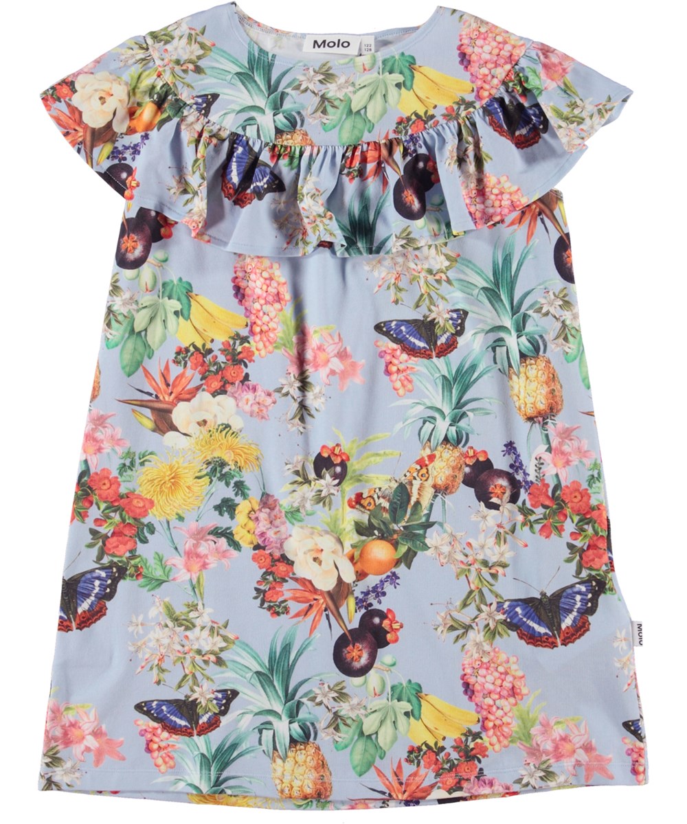 Celia - Tropical Fruits - Biologische jersey jurk met korte mouwen en tropische print
