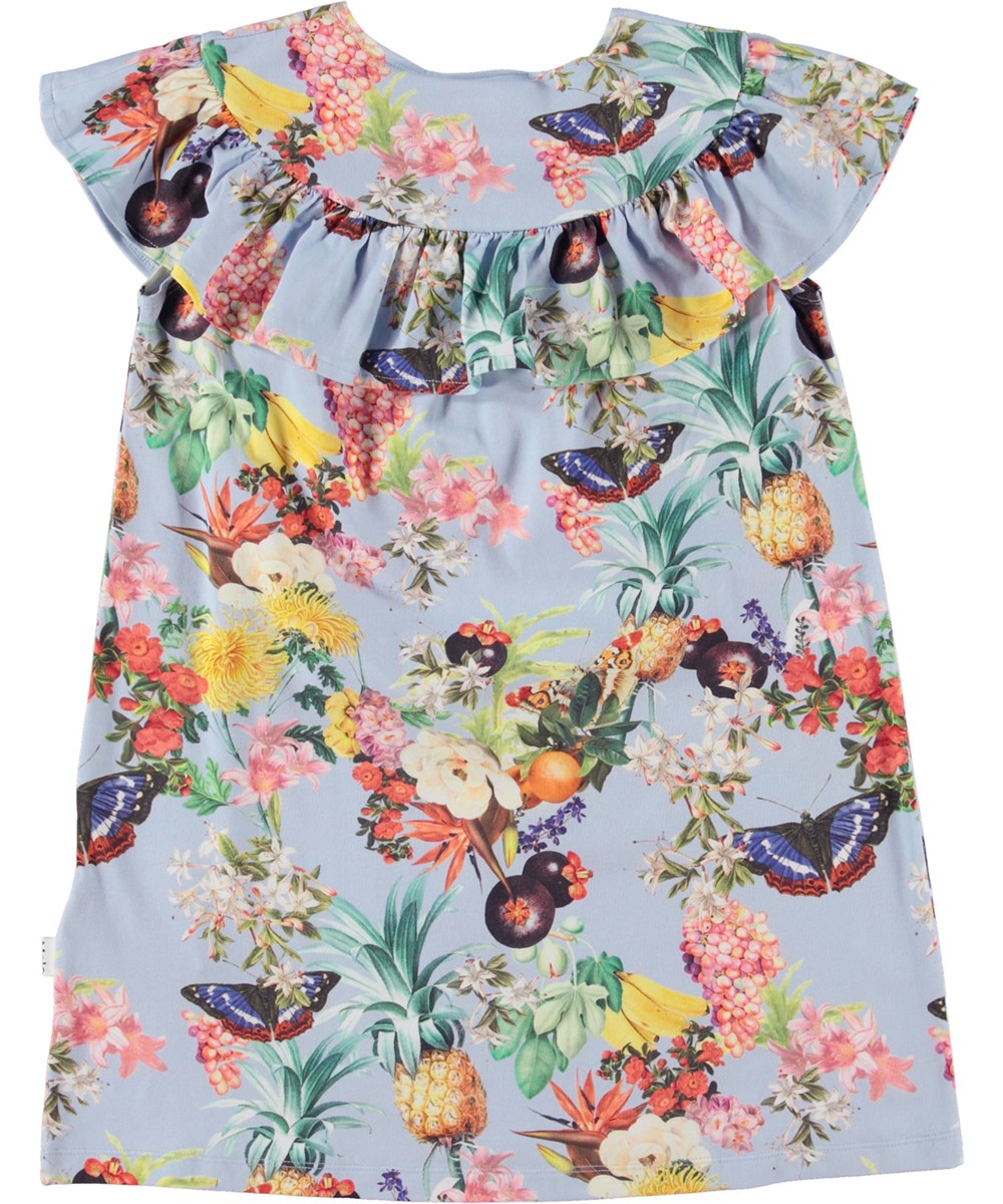 Celia - Tropical Fruits - Biologische jersey jurk met korte mouwen en tropische print