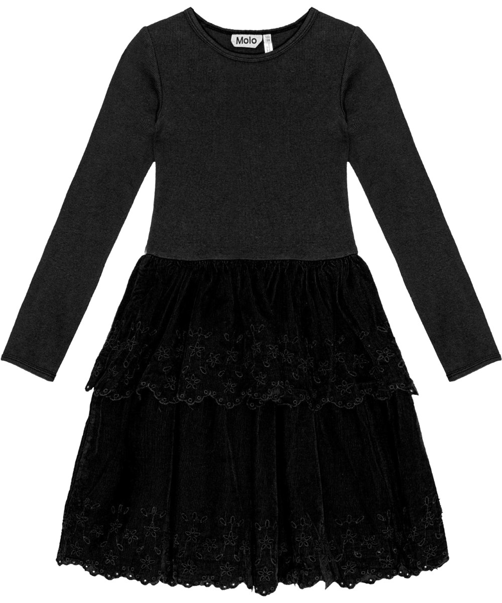 Cerena - Black - Zwarte biologische katoenen jurk met een mini fluwelen rok met kanten patroon.