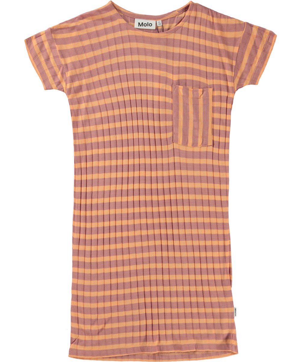 Ceria - Papaya Rose - Gestreepte t-shirt jurk in rib