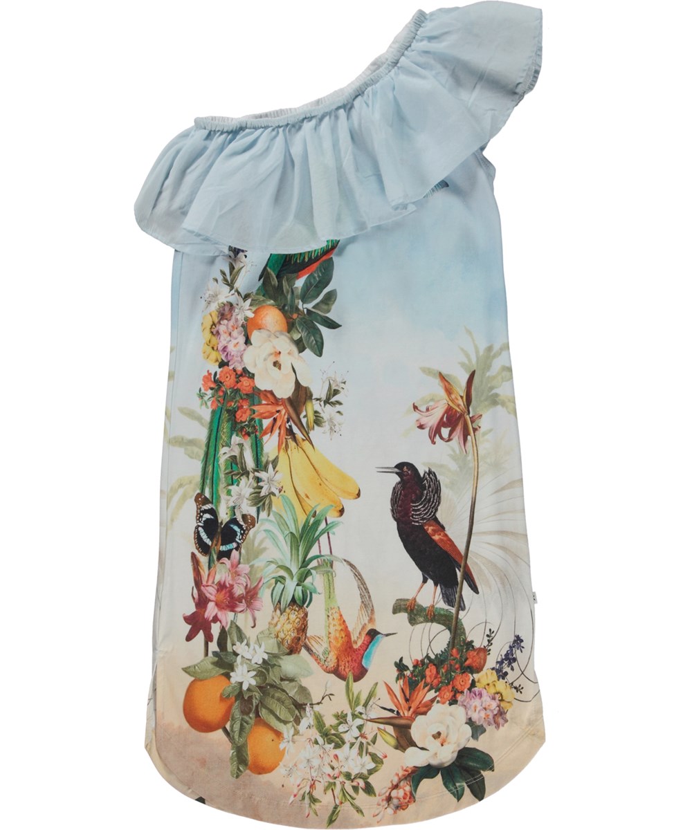 Chadee - Tropical - Biologische asymmetrische blauwe jurk met ruches en vogels en fruit