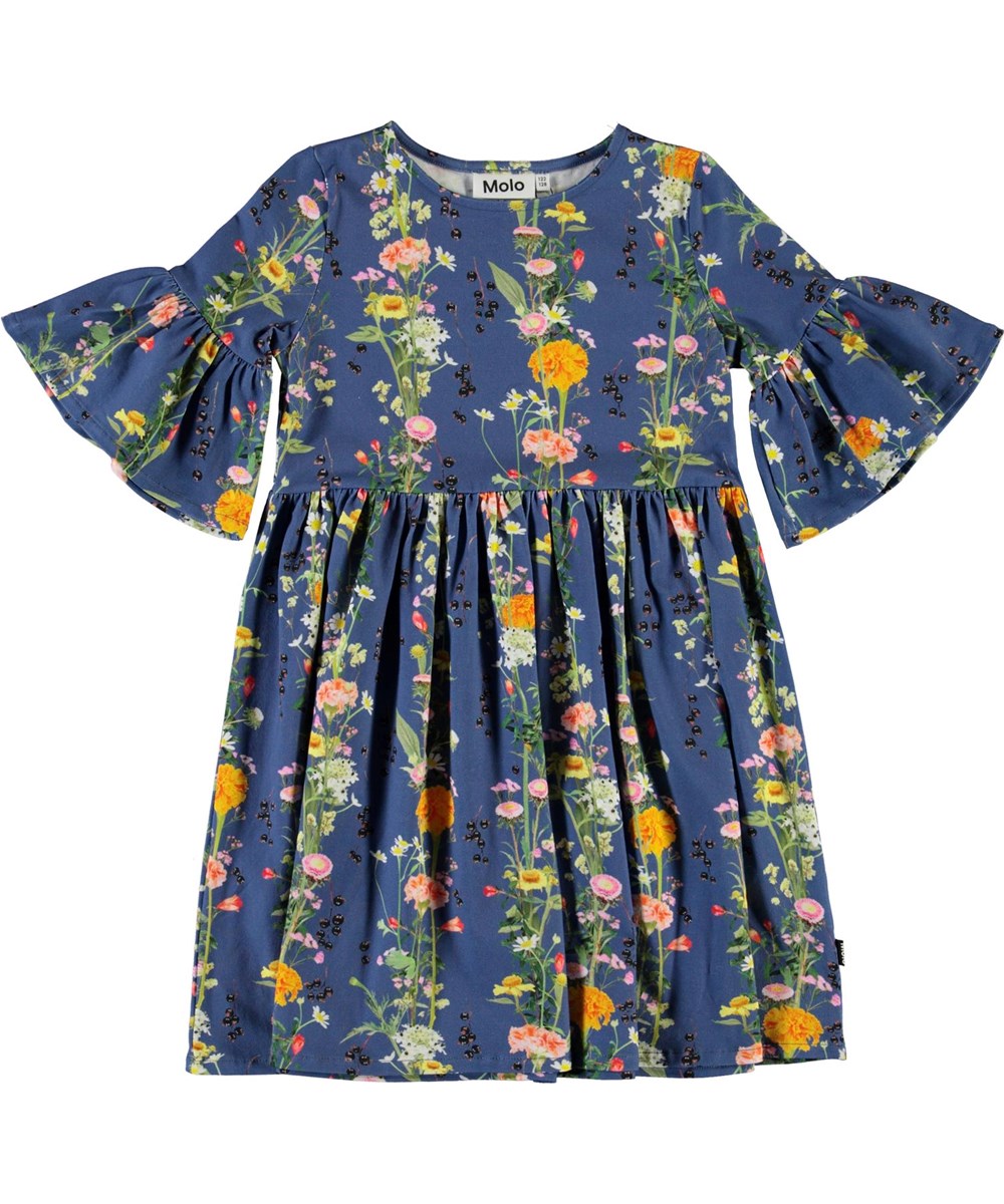 Chasity - Vertical Flowers - Blauwe biologische jurk met bloemen