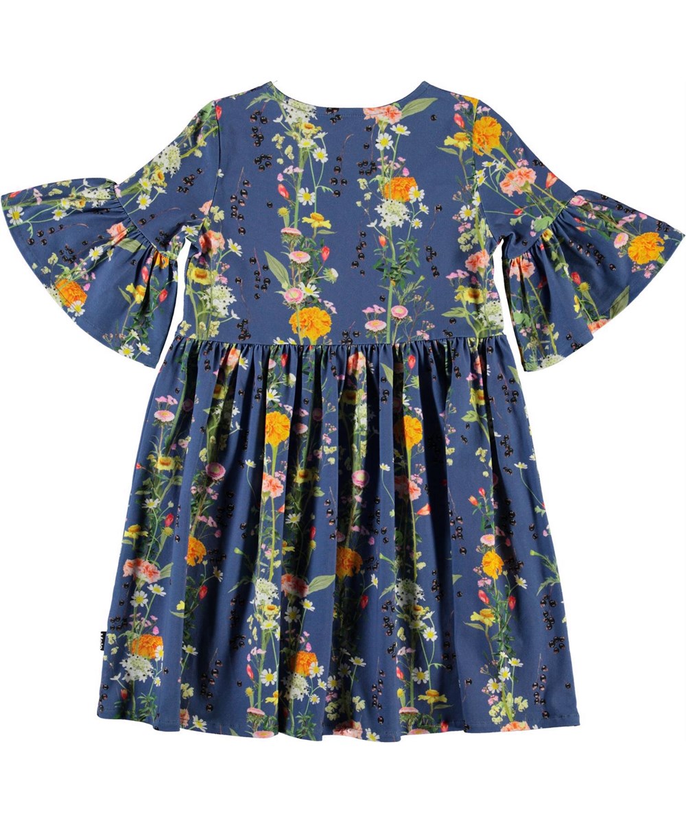 Chasity - Vertical Flowers - Blauwe biologische jurk met bloemen